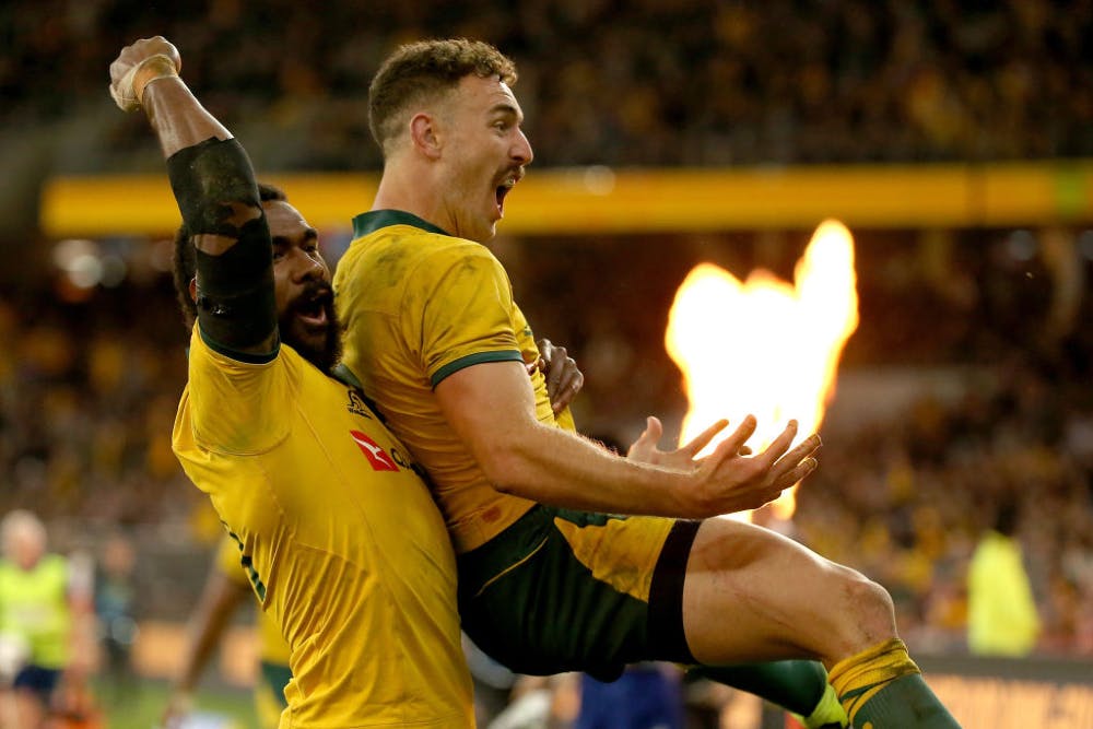 Big celebrations after the Qantas Wallabies score another try during the 2019 Bledisloe Cup